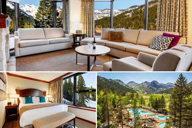 A collage of three hotel photos to stay in Lake Tahoe: a suite with a cozy fireplace and mountain views, an inviting bedroom with a large window overlooking snowy peaks, and an outdoor pool with a stunning backdrop of the winter landscape.